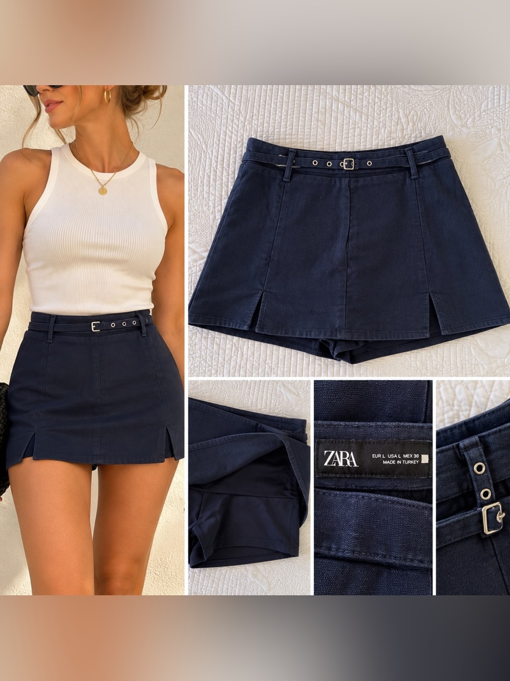 Zara Navy Blue Belted Mini Skort Shorts Skirt Size L